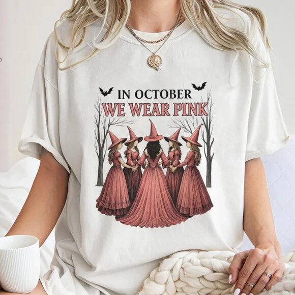In October We Wear Pink Shirt, Pink Witches Halloween Shirt - Picture 1 of 4